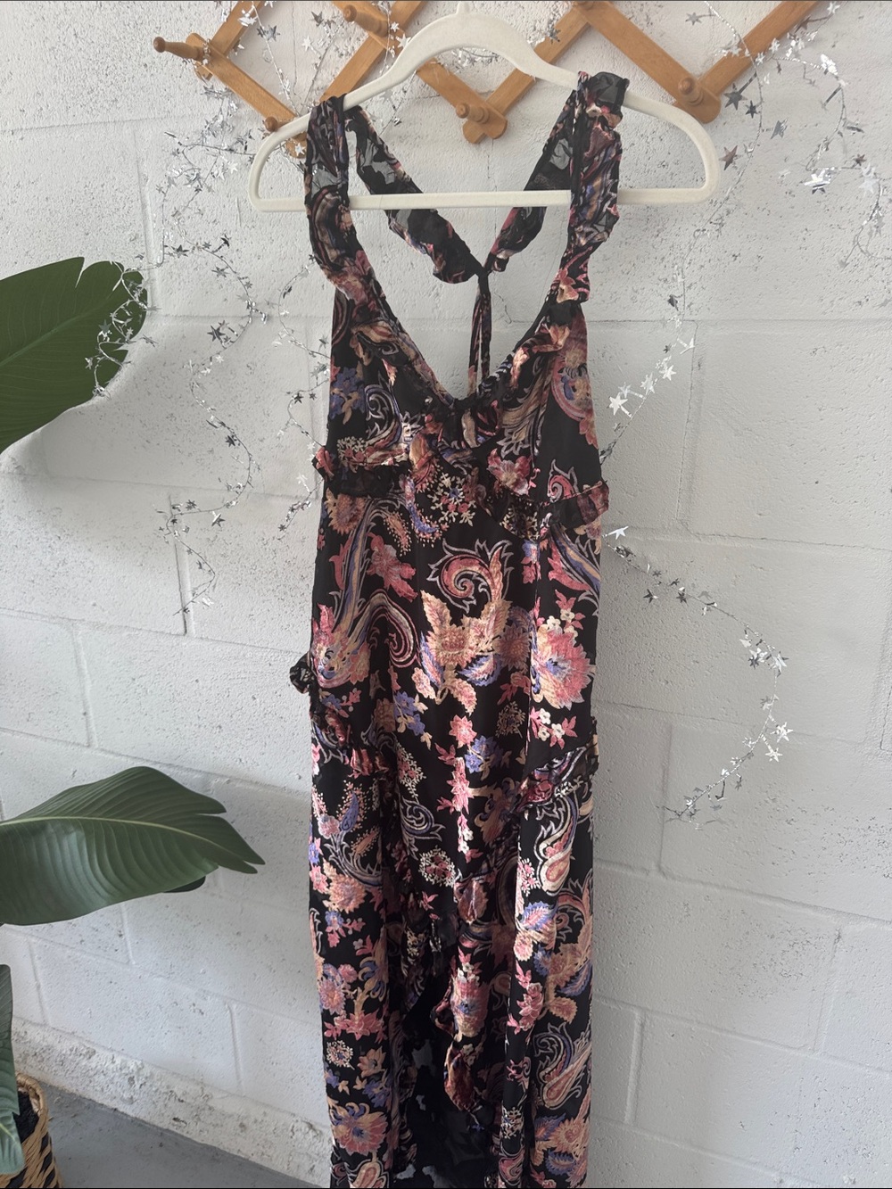 Floral Velvet Paisley Black Maxi Dress with Pink Accents